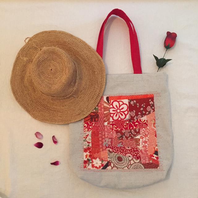 Red Tote Bag w Silk feature & Hand Stitching