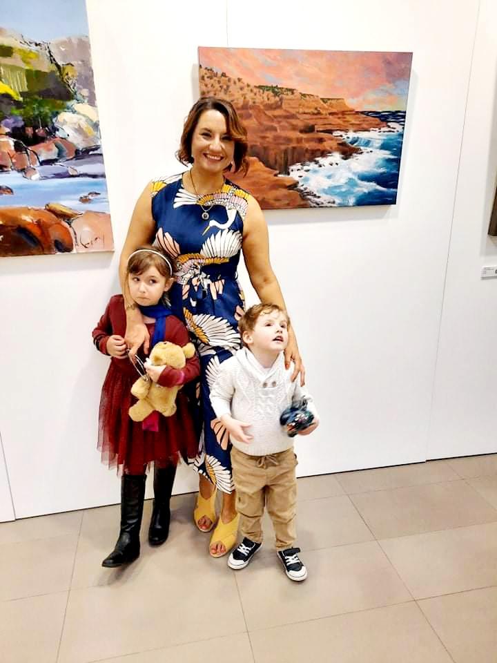 Me at the Bayswater Art Awards with my painting and kids