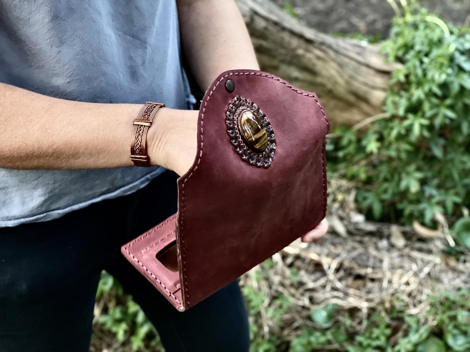 'Luis Leather Wallet' Mahogany Leather with Tigers Eye Stone