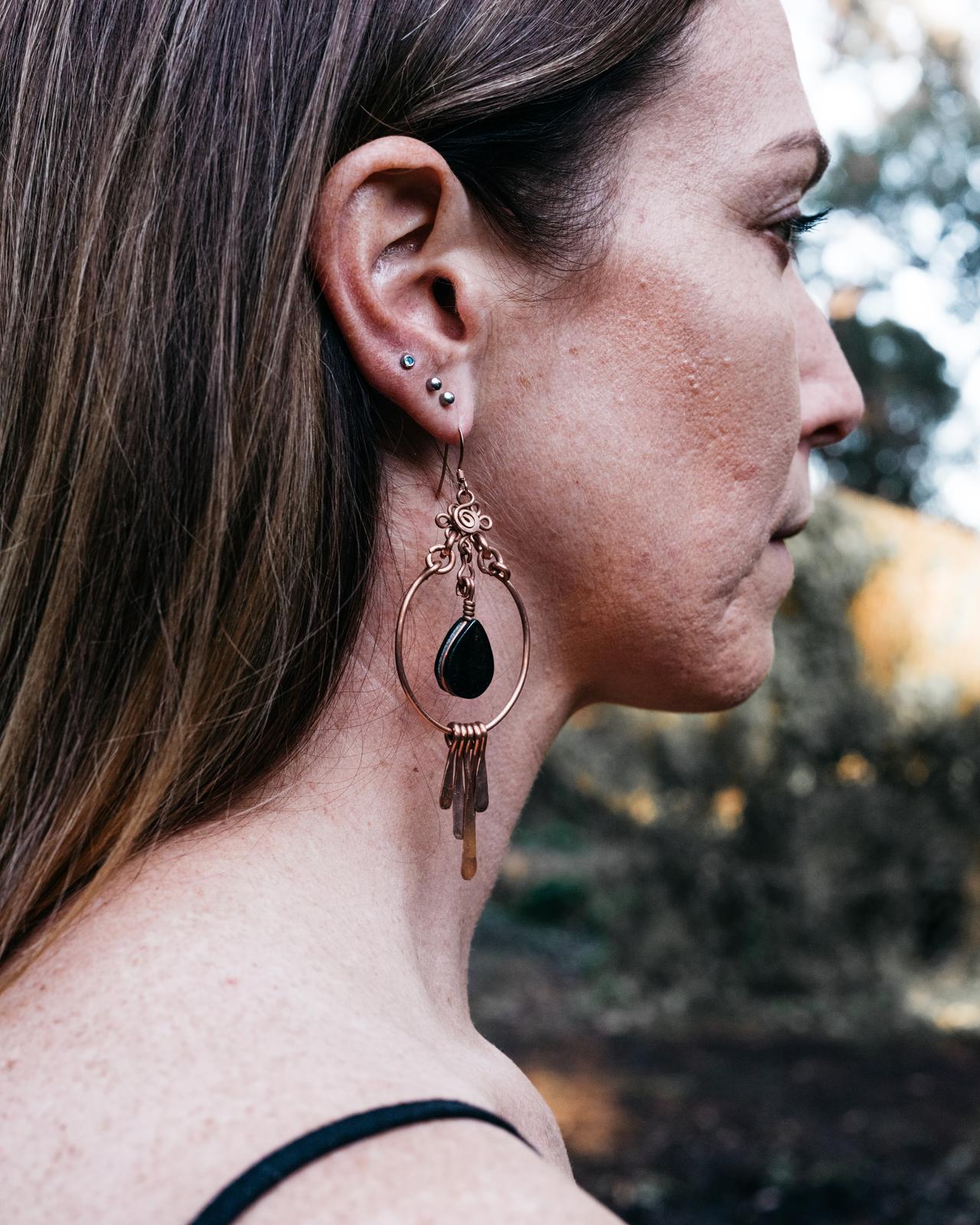 'Gota' Fringed Hoop Earrings with Black Jade