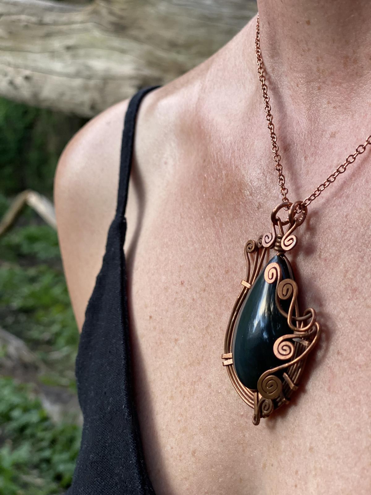 Grey Obsidian Pendant in Copper