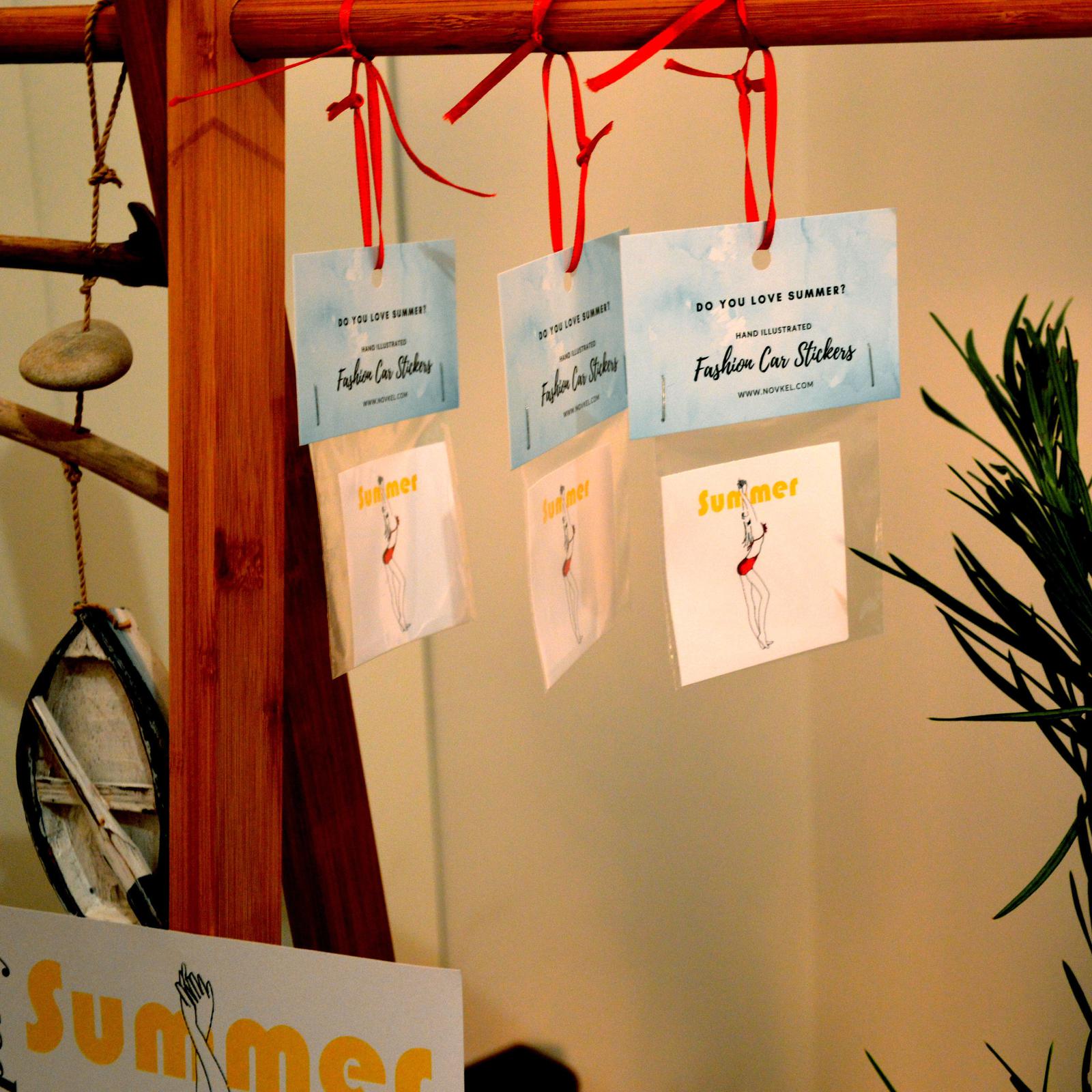 Close up of novKel summer car sticker design at stall stand