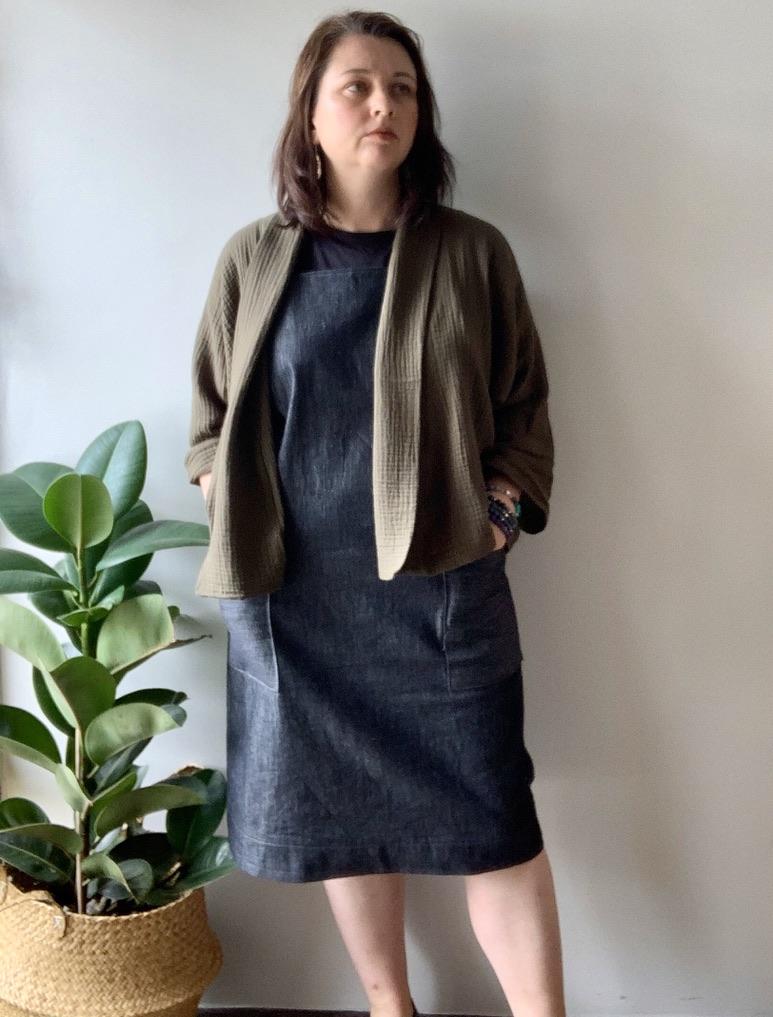 Khaki soft jacket and denim apron dress