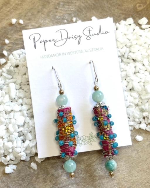 Boho bead earrings made from upcycled sari scrap material