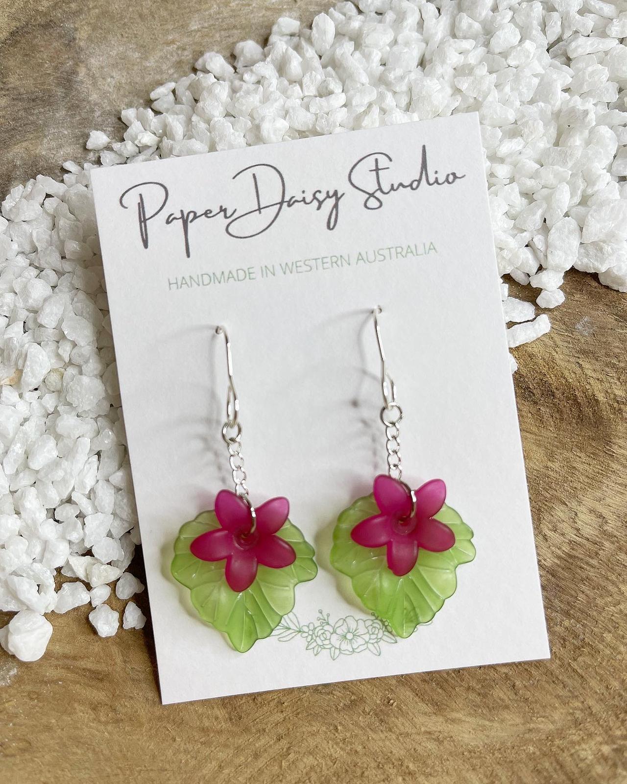 Lucite Pink Flower and Green Leaf earrings