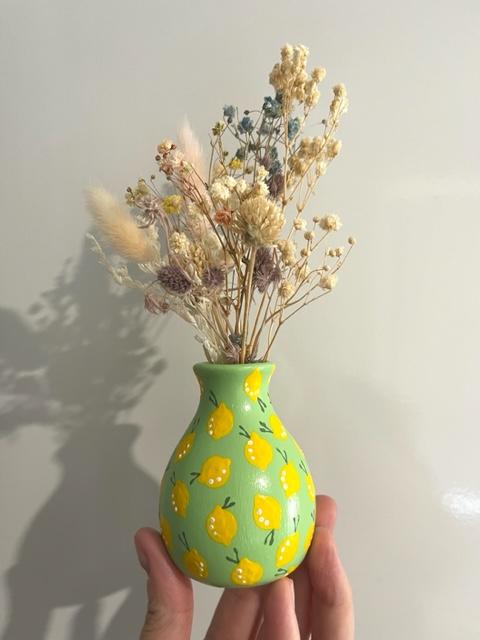 Hand-painted mini vase (lemons) with dry flower arrangement