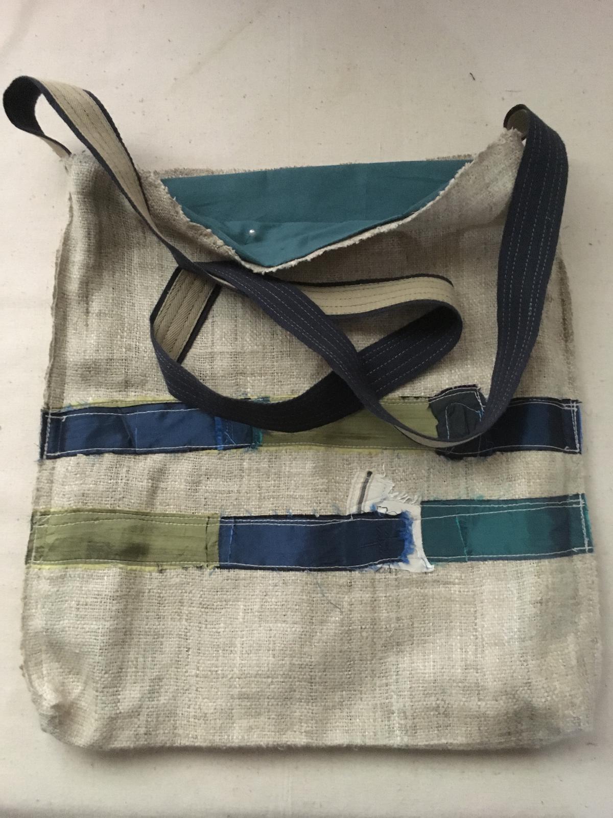 Hemp bag with stitched silk