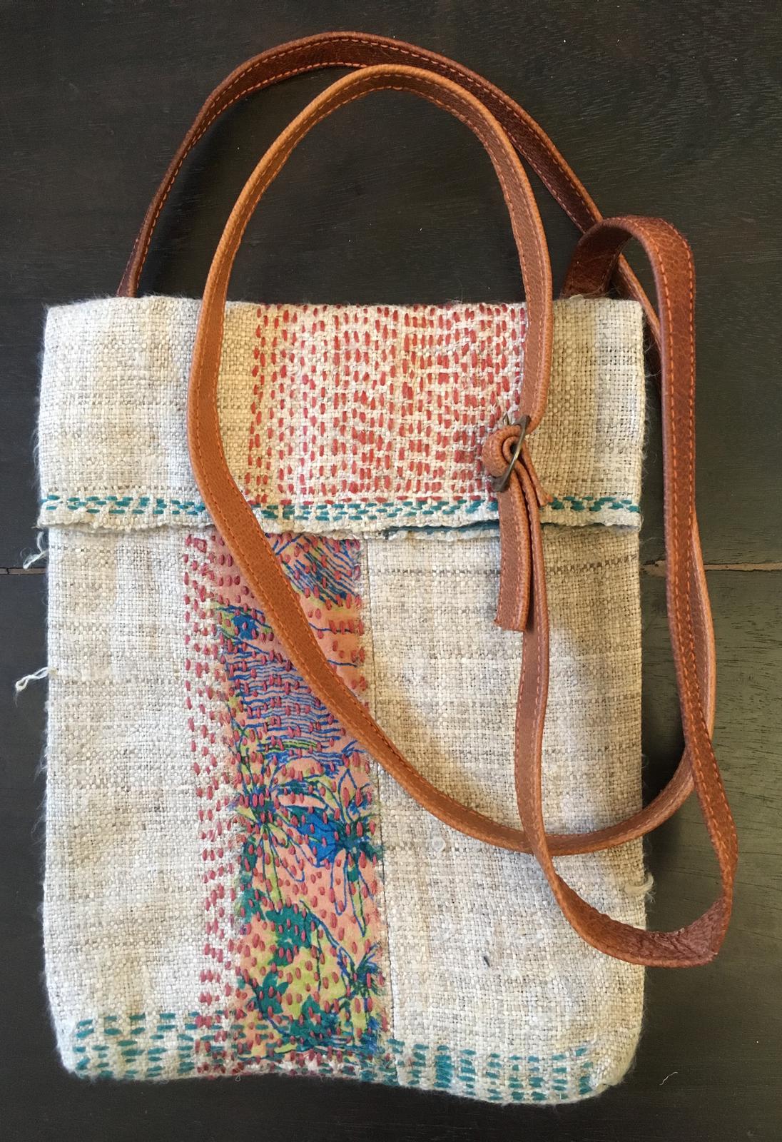Hemp fabric and handstitched cross-body bag