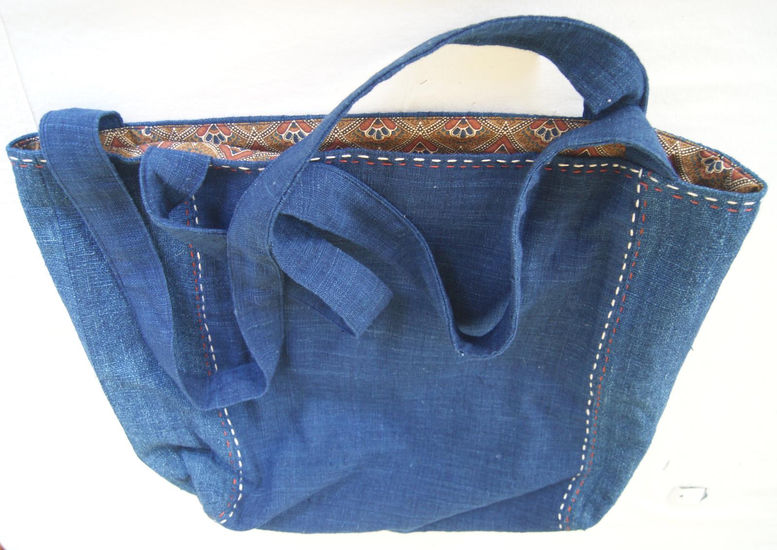 Large indigo fabric bag with hand stitching