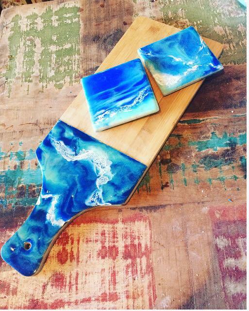 Chopping Board and Matching Coasters in Blues