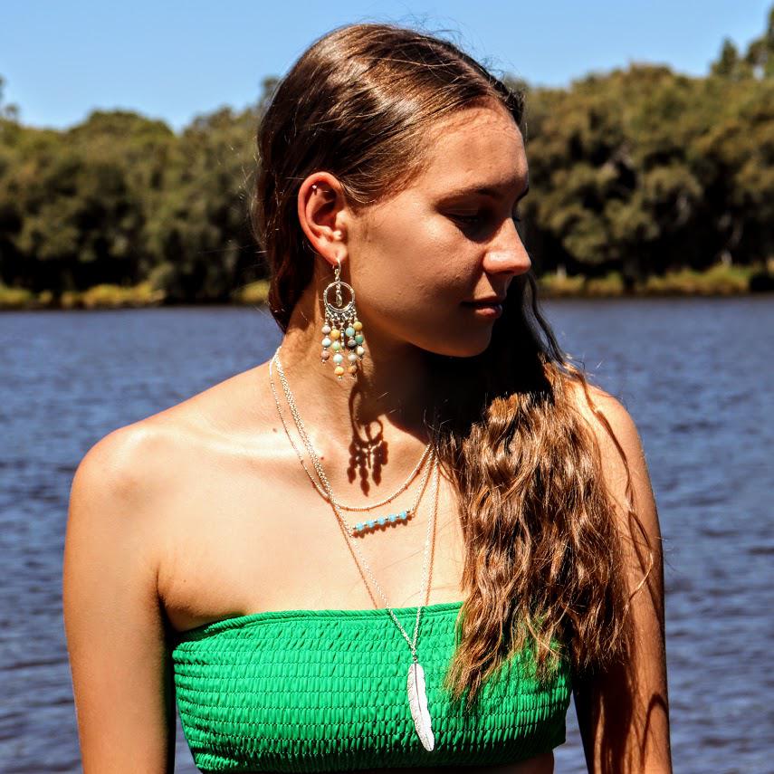 Handmade Dream Catcher Agate Earrings modelled by Ashlyn Morich from Perth WA