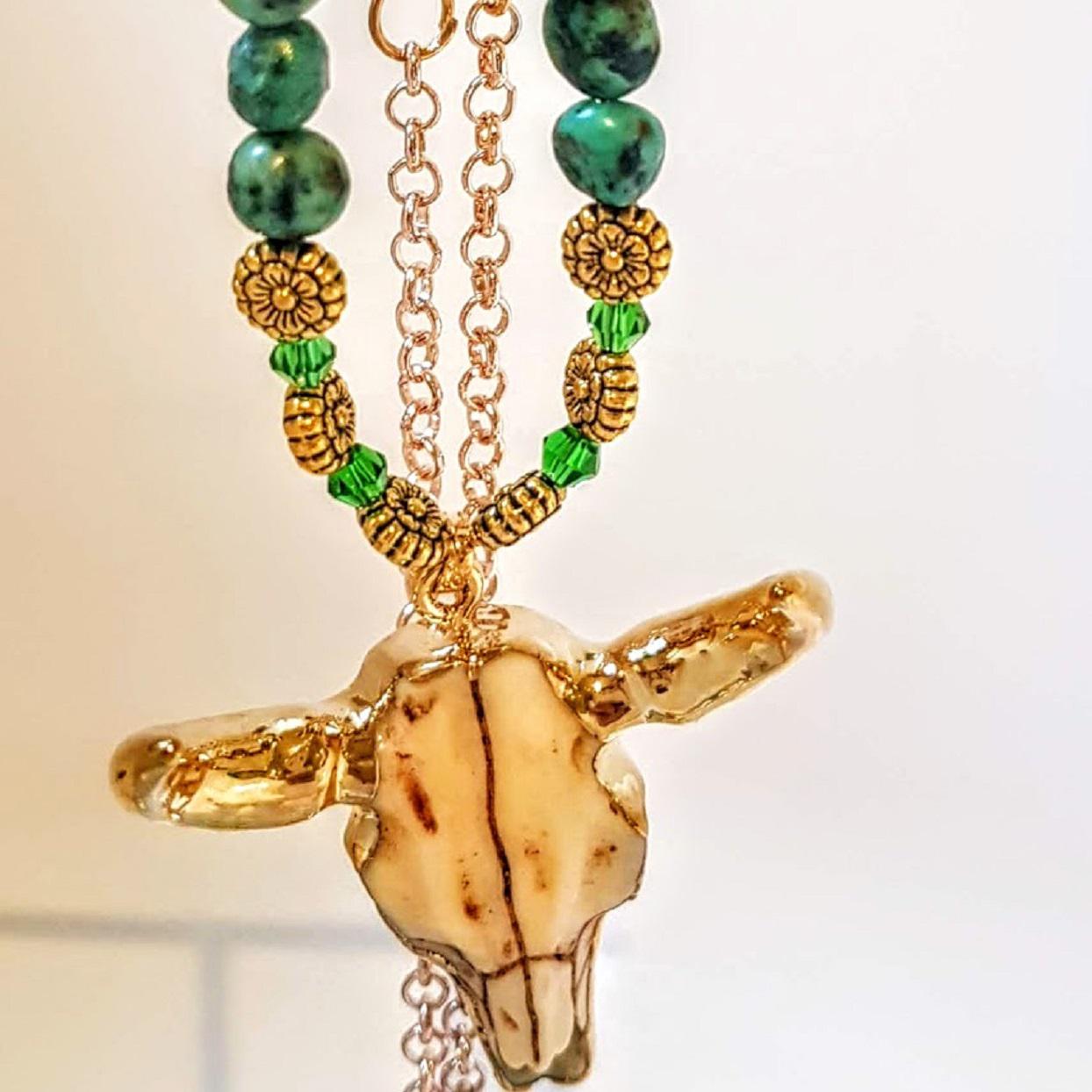 Handmade Turquoise Stone & Crystal Boho Skull Necklace