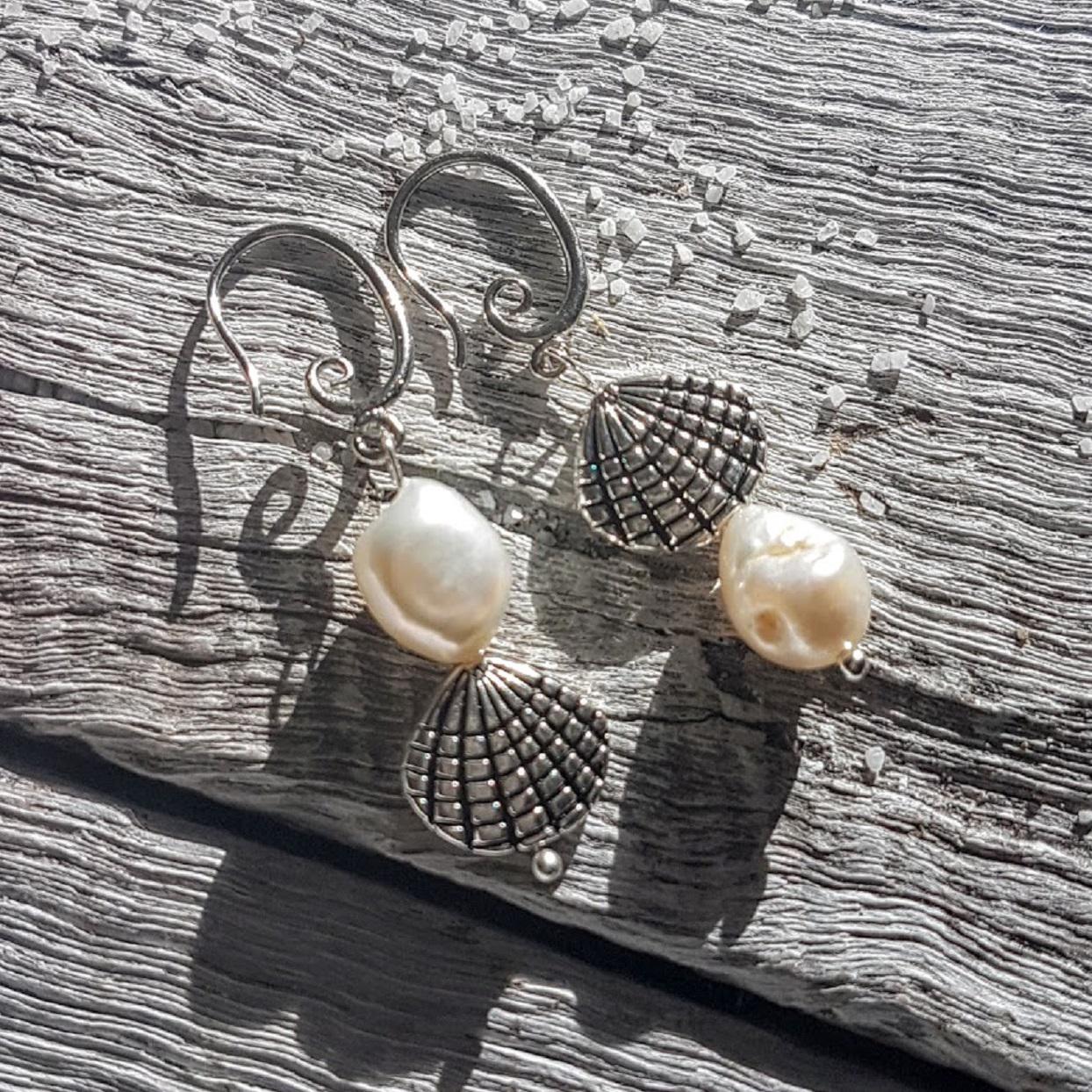 Handmade Freshwater Natural Pearl & Silver Shell Hook Earrings