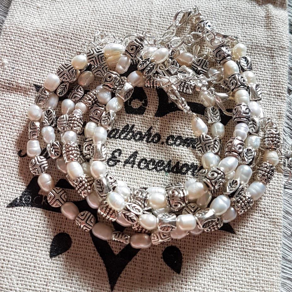 Handmade Rice Pearl & Silver Charm Bracelets