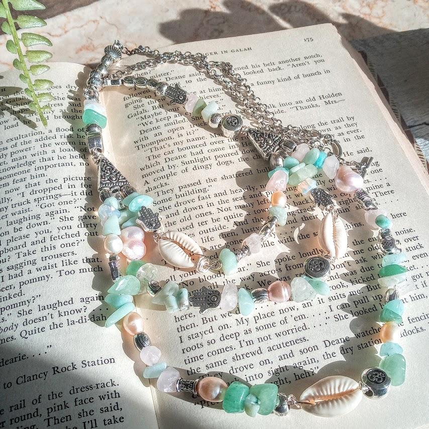 A Mermaid Turquoise Pearl & Shell Handmade Three Tier Necklace