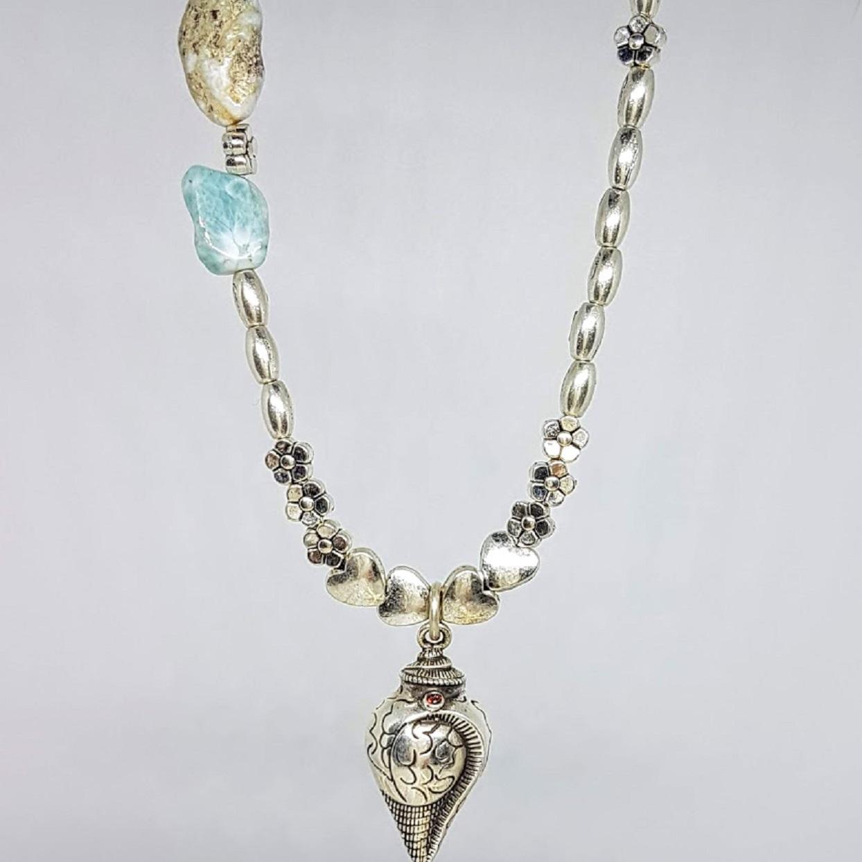 Handmade Larimar & Pure Silver Pendant Conch Shell Necklace