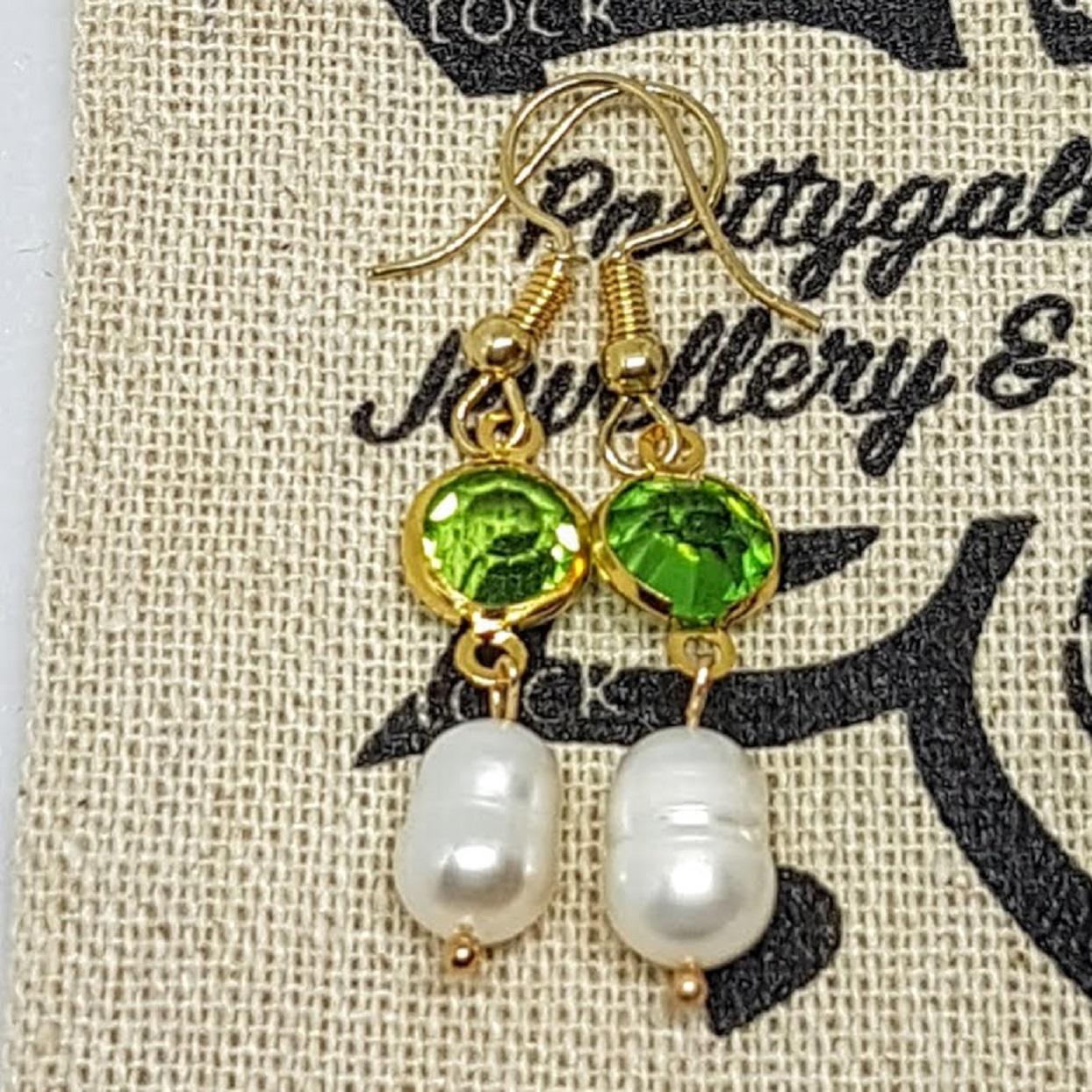 Handmade Pearl Rose Gold Earrings Green Crystal