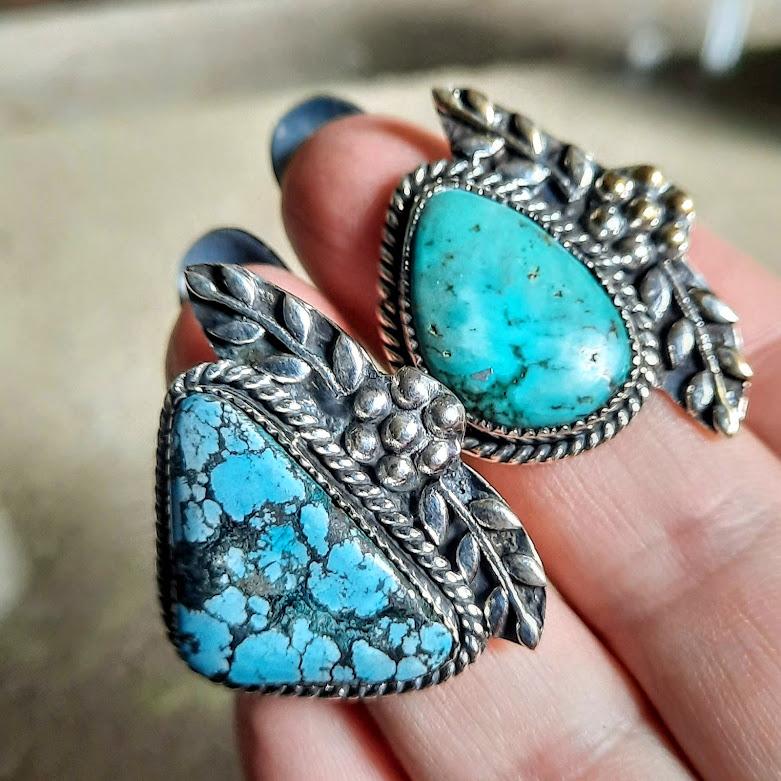 Handmade Colorado Turquoise Side Leaf 925 Rings