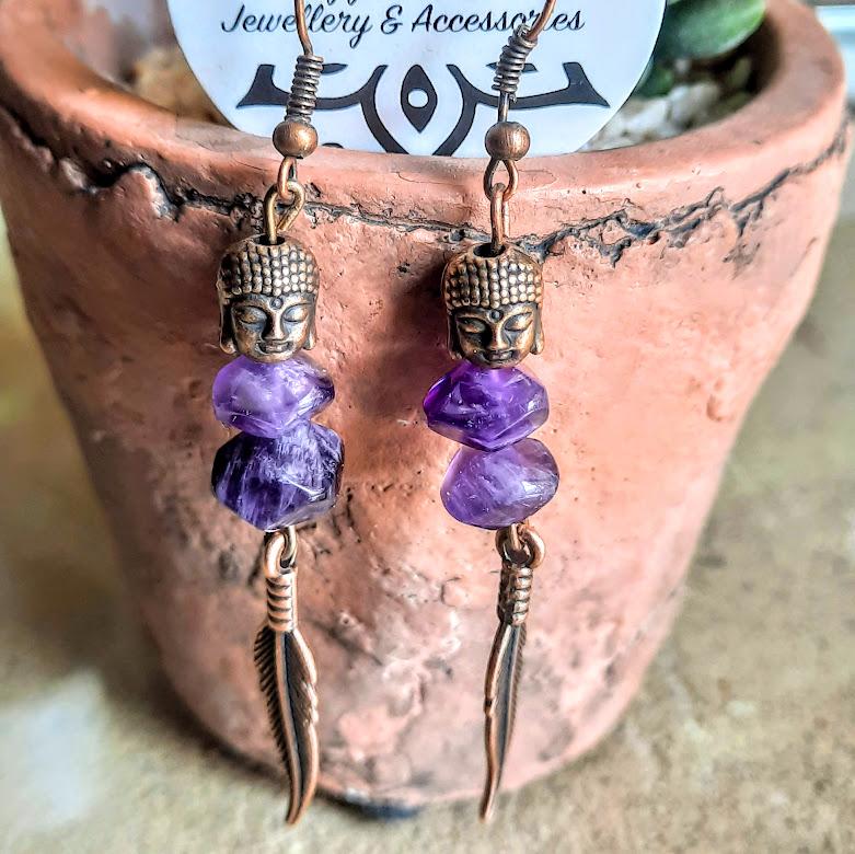 Amethyst Buddha Red Copper Handmade Earrings
