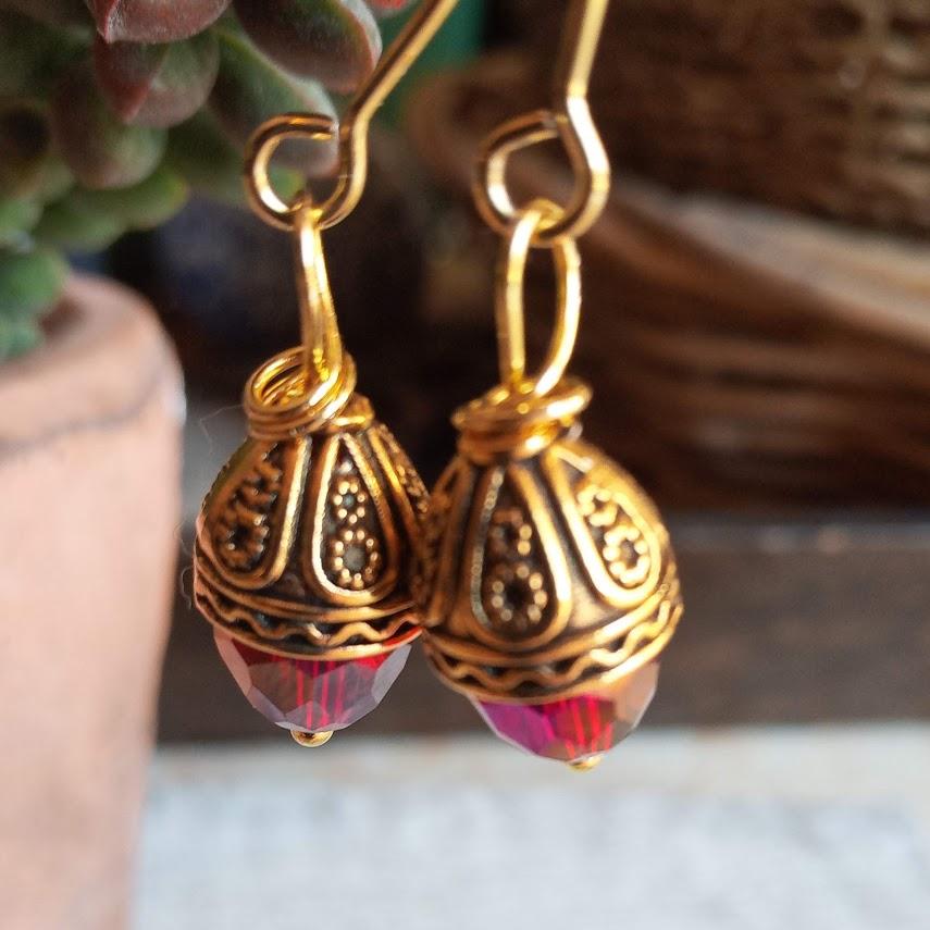 Ruby Red Swarovski Crystal Gold drop Earrings