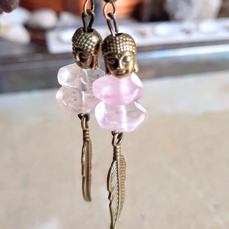 Rose Quartz Handmade Brass Buddha Earrings