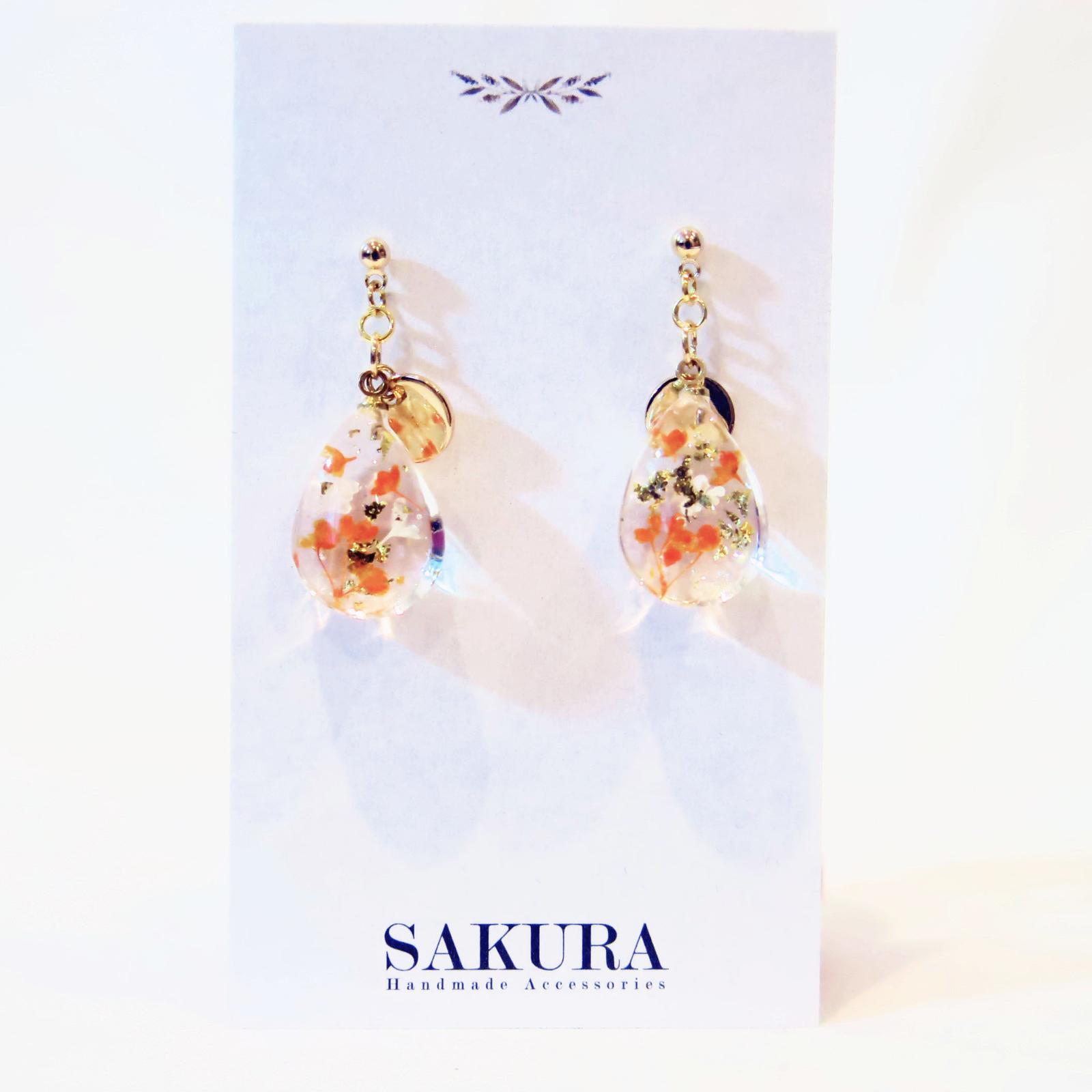 2017-2018 *New Design* Gemstone Pressed Flower Drop Earring_Orange