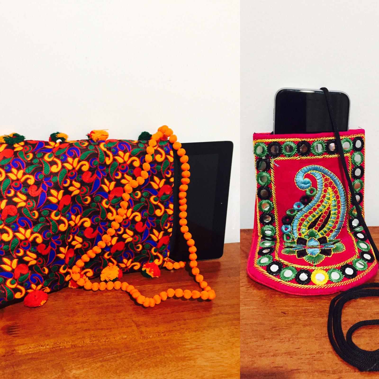 Handcrafted embroidered iPad /tablet carry on bag, mobile holder sling bag.
