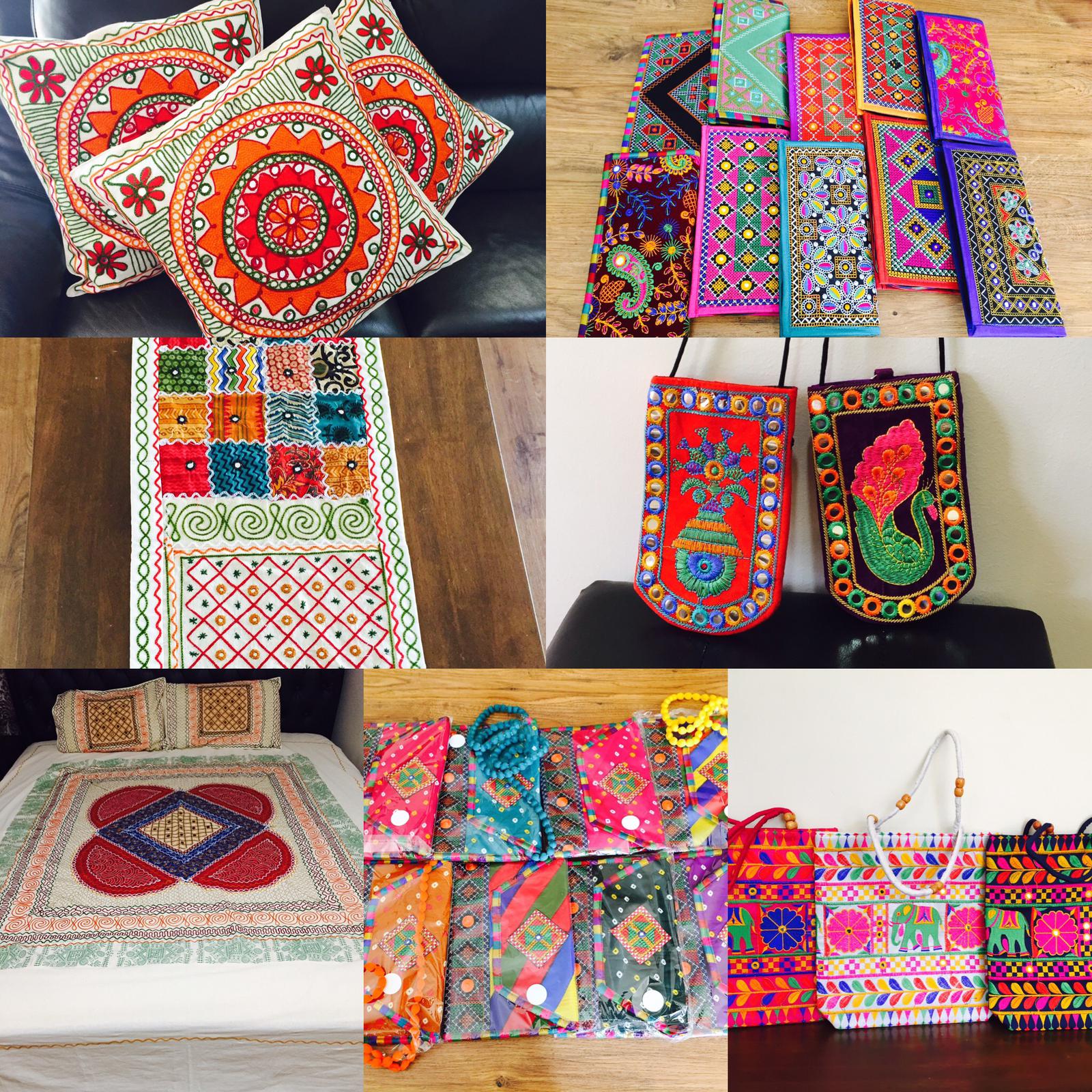 Handcrafted embroidered handbags,cushion covers, bedcovers , table runners.