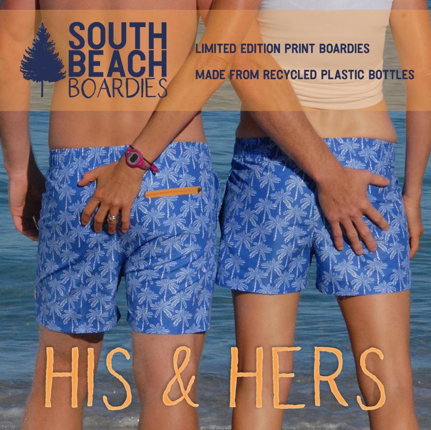 Matching Boardies, limited-edition prints, made from recycled plastic bottles