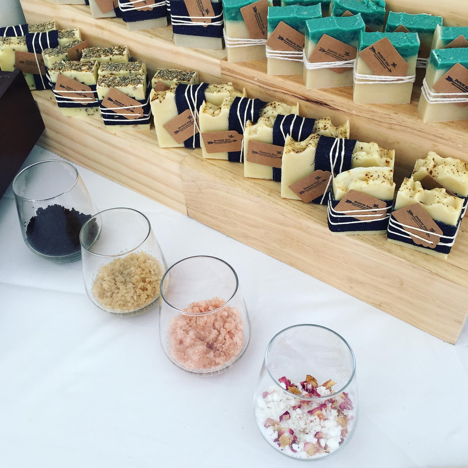example of market display with scrub and sherbet sample glasses