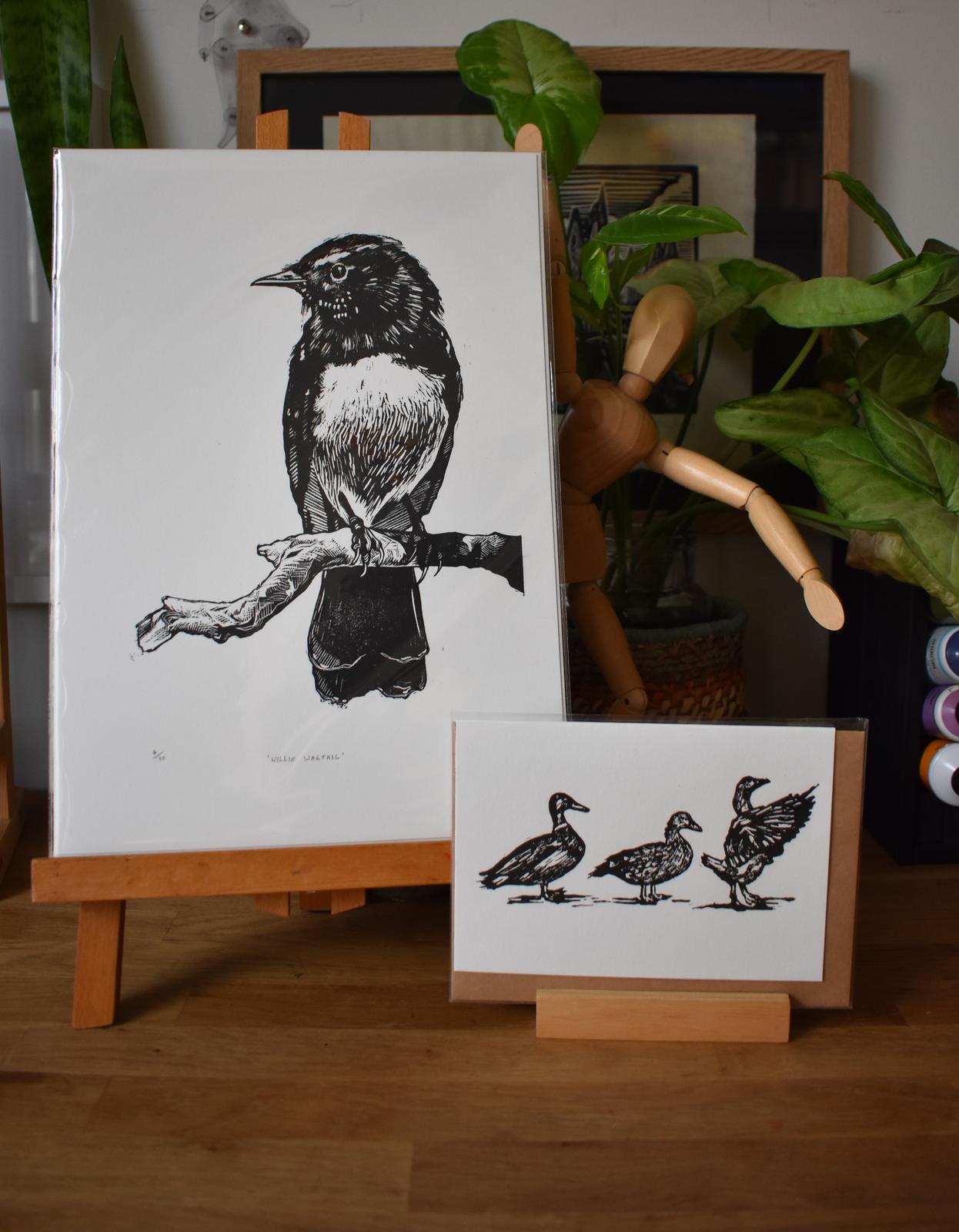 'Willie Wagtail' Relief Print & 'Duck, Duck, Goose' Card