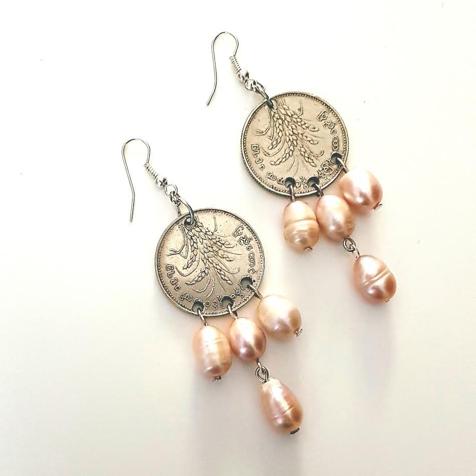 Vintage coins and cultured pearl earrings