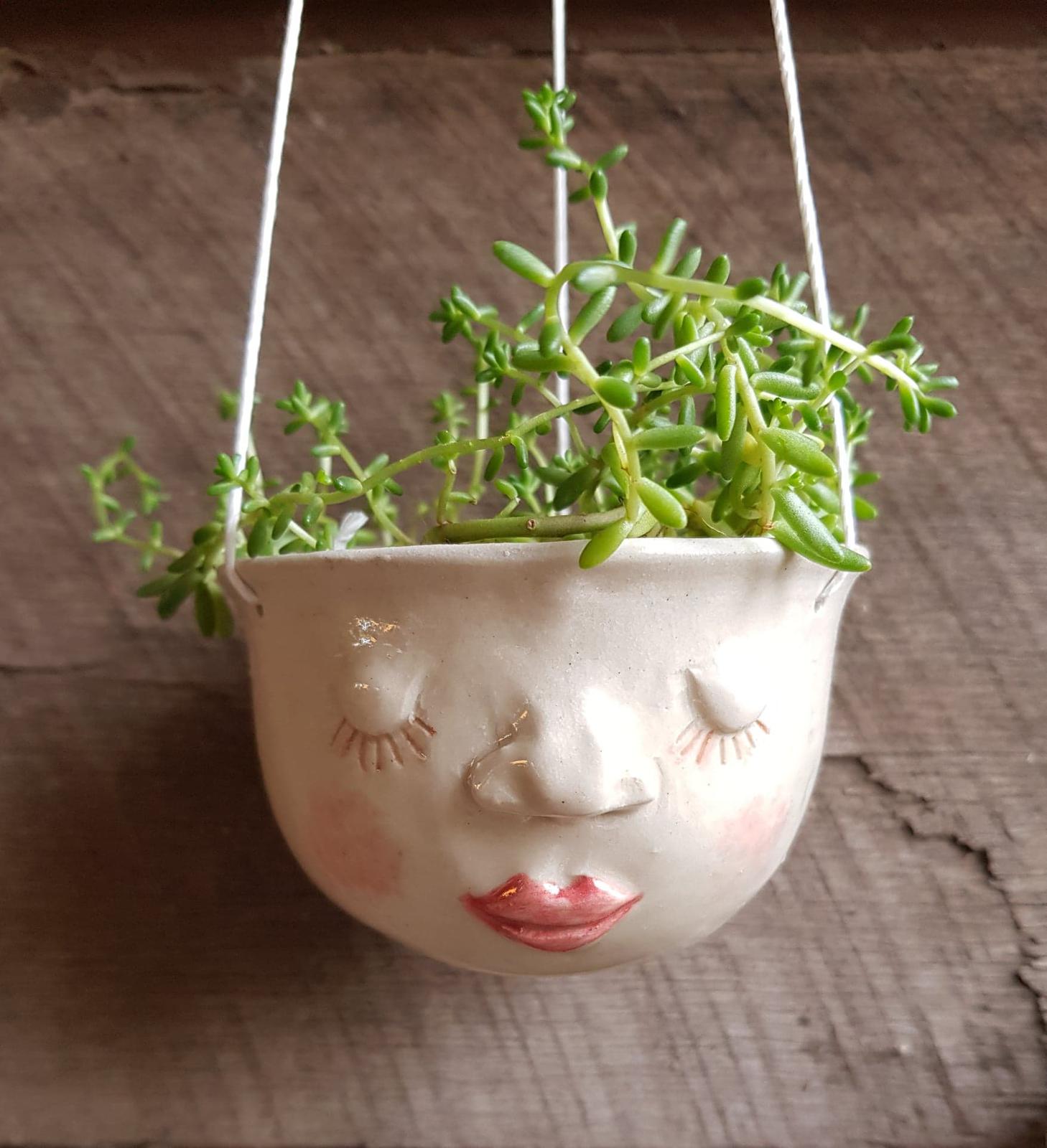 Small Hanging Planter with Sleepy Face