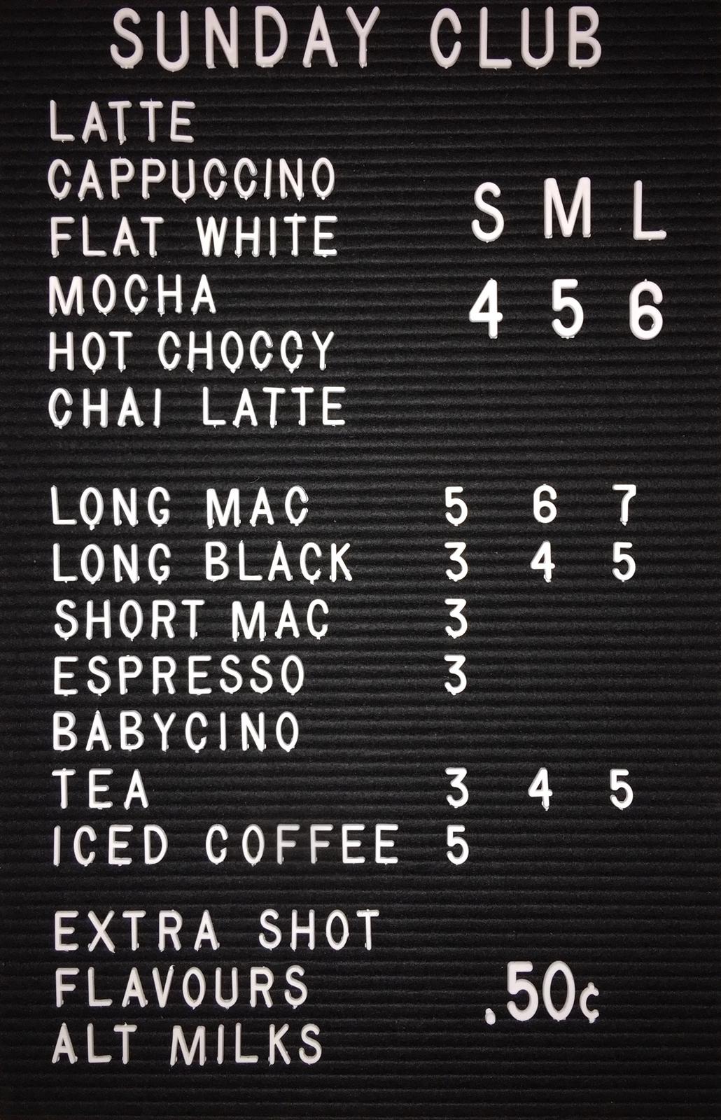 Sunday Club Menu