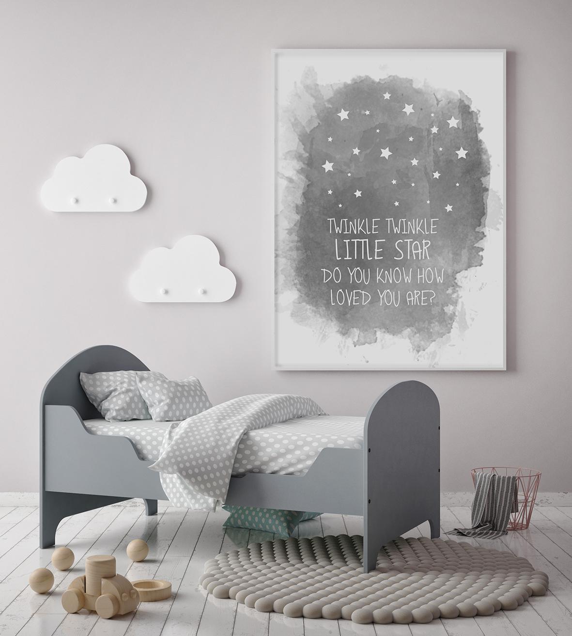 Twinkle Twinkle print in grey, printed large scale and hung in nursery