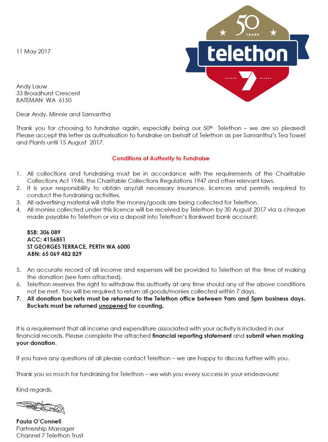 Telethon Authorisation Letter