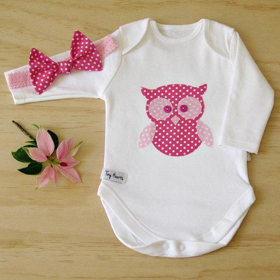 Little girls Owl bodysuit and matching headband.