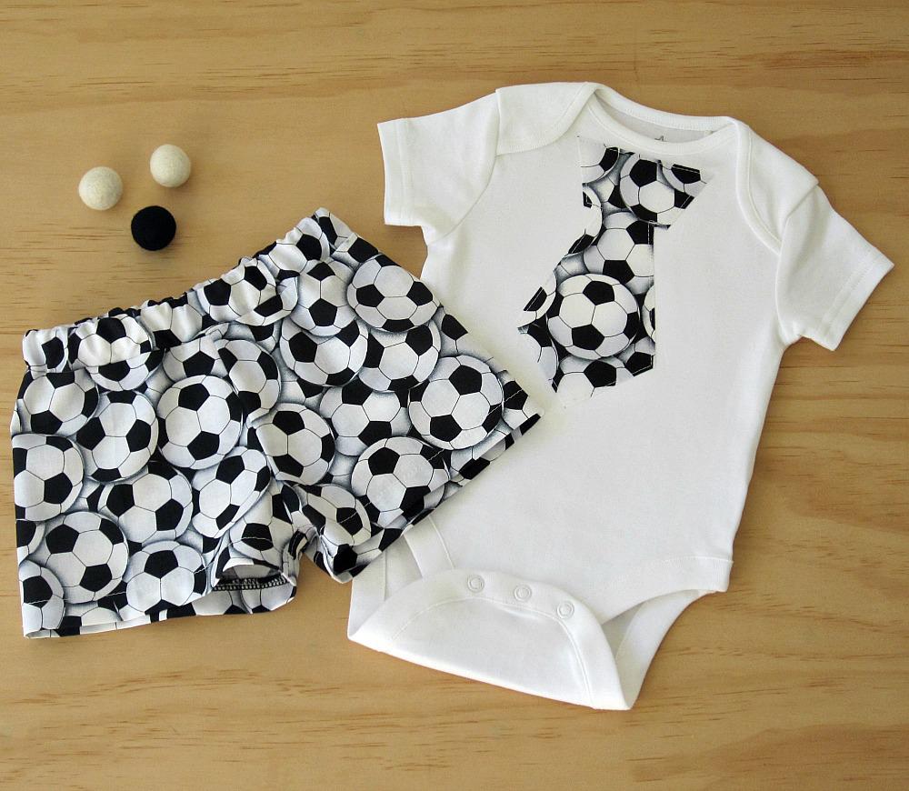 Boys Soccer bodysuit and matching shorts set.