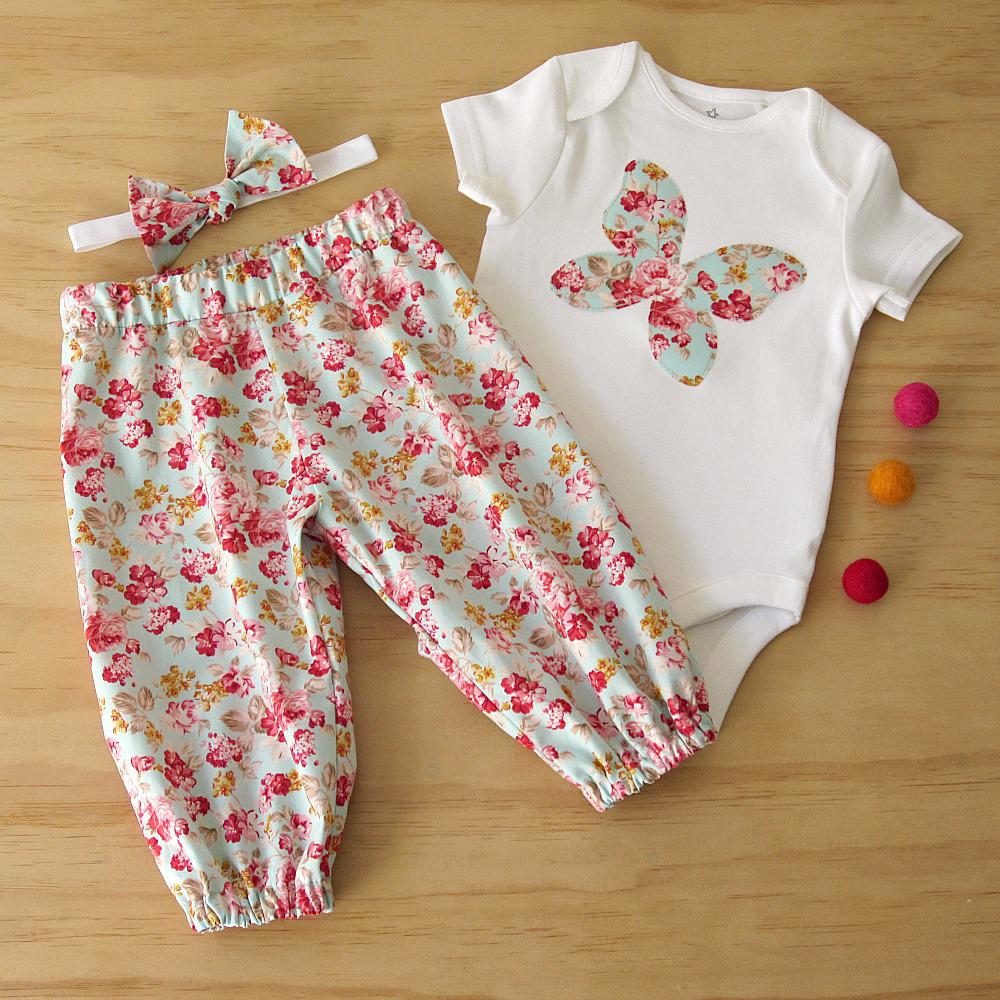 Girls Butterfly appliqued bodysuit and matching harem pants.