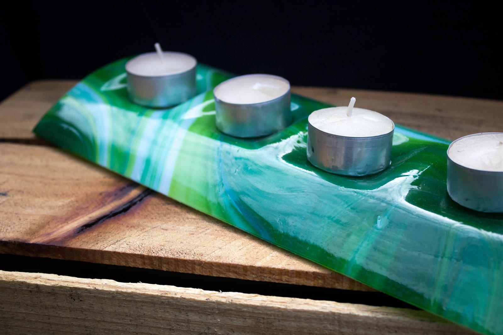 Unique Glass Art by Marion "Lagoon 4 tealight Candlecradle " ....