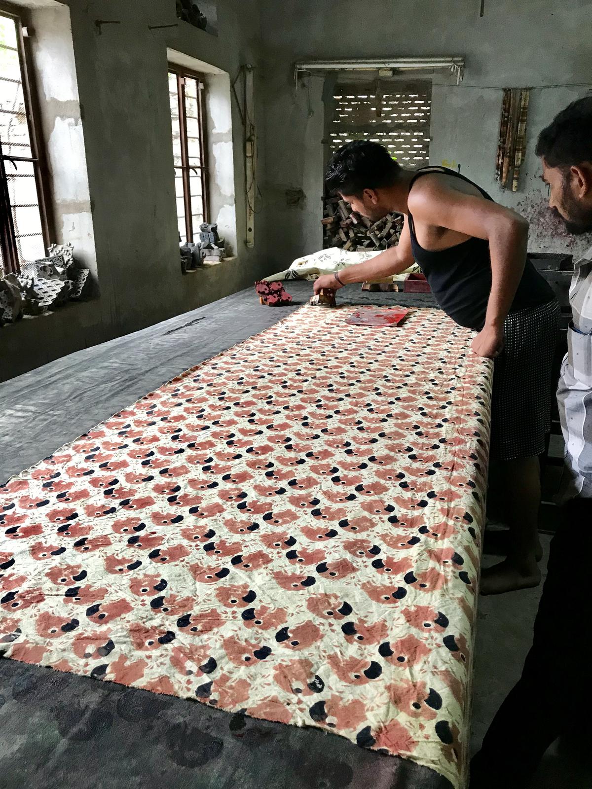 Parrot design being hand printed in Rajasthan, India