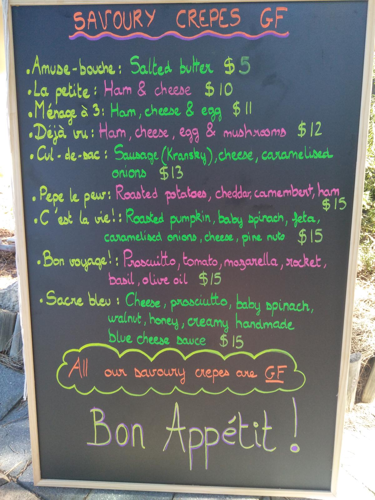 Menu savoury crepes