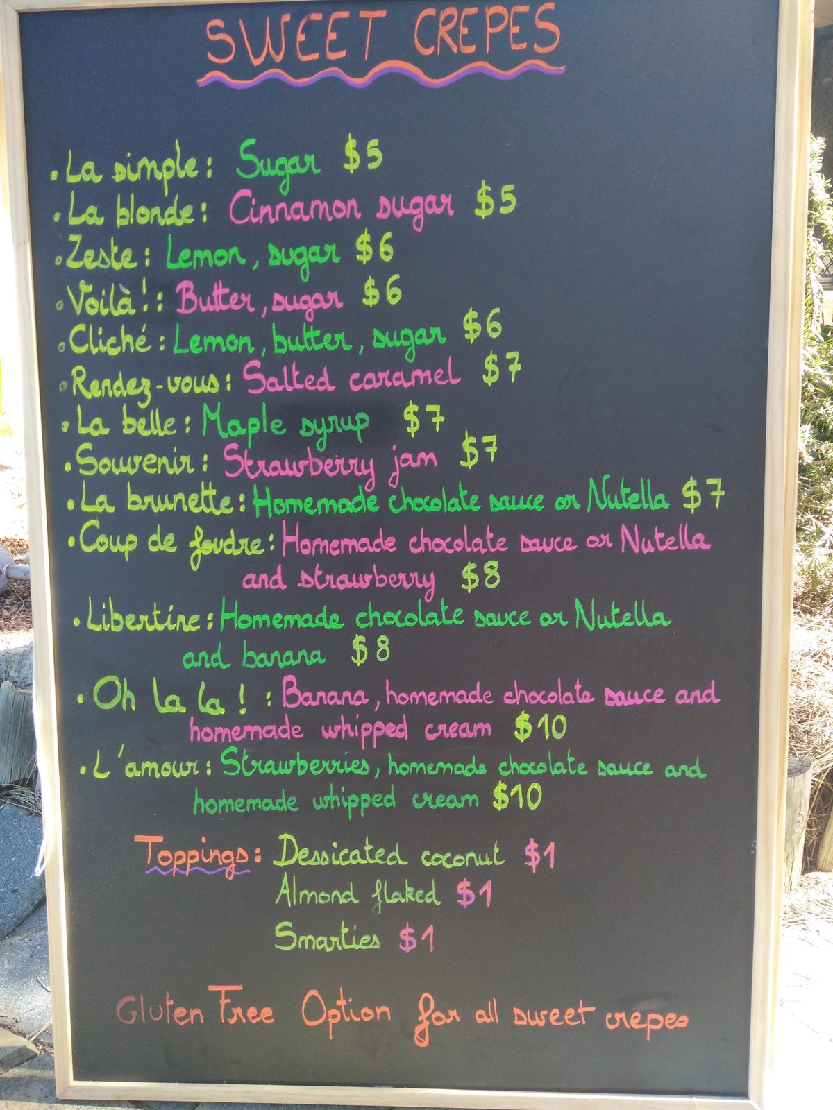 Menu sweet crepes