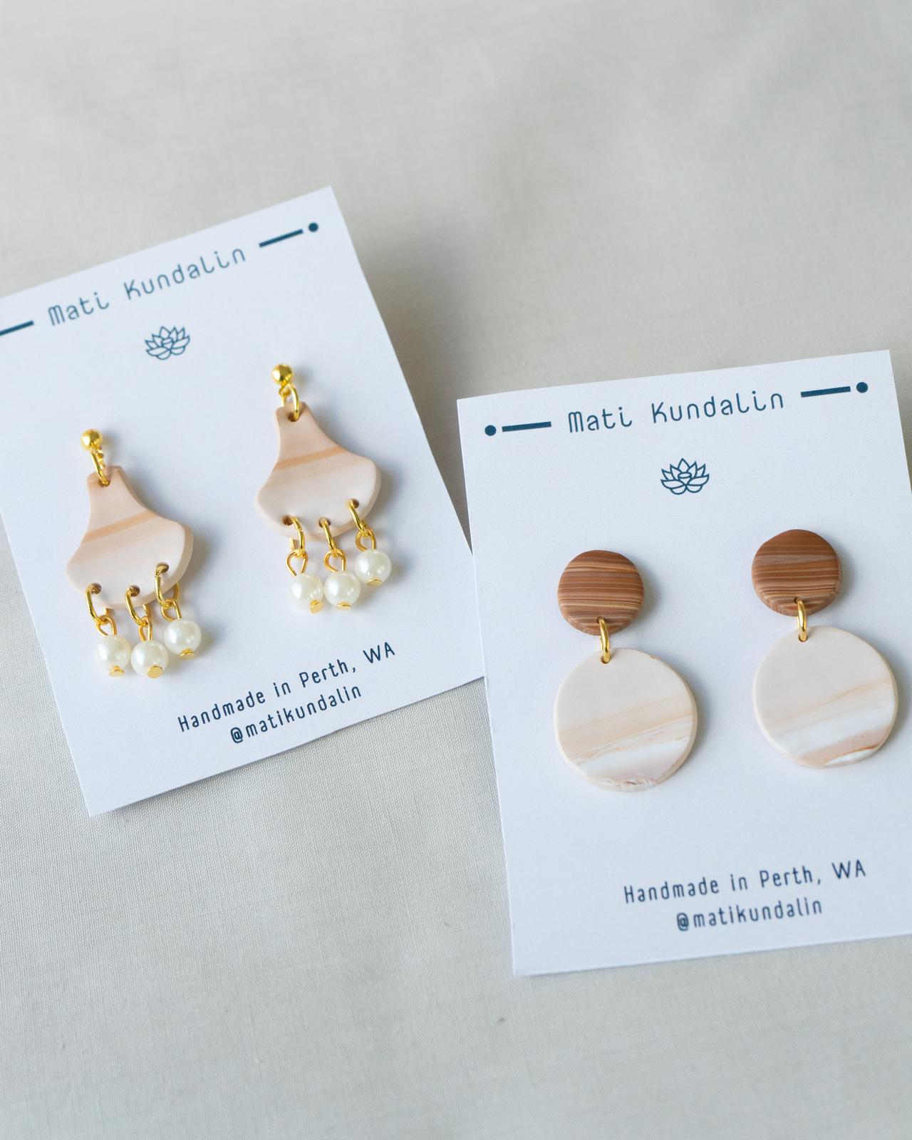 Umber - White and Brown colour Polymer Clay Earring with Pearls for Elegant Look